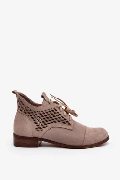Zazoo 2878 Niskie Ażurowe Botki Damskie Zamszowe Beżowe