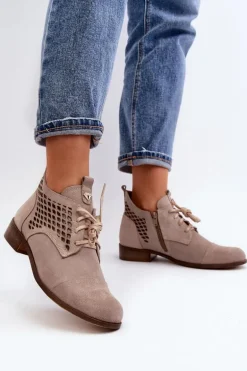 Zazoo 2878 Niskie Ażurowe Botki Damskie Zamszowe Beżowe