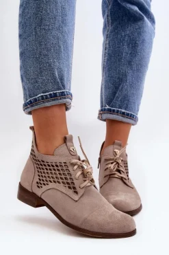 Zazoo 2878 Niskie Ażurowe Botki Damskie Zamszowe Beżowe