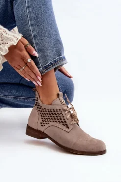 Zazoo 2878 Niskie Ażurowe Botki Damskie Zamszowe Beżowe