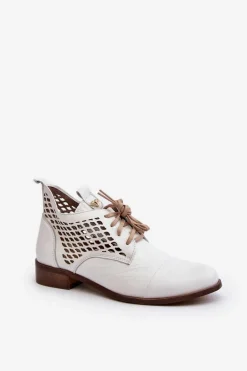 Zazoo 2878 Niskie Ażurowe Botki Skórzane Damskie Białe