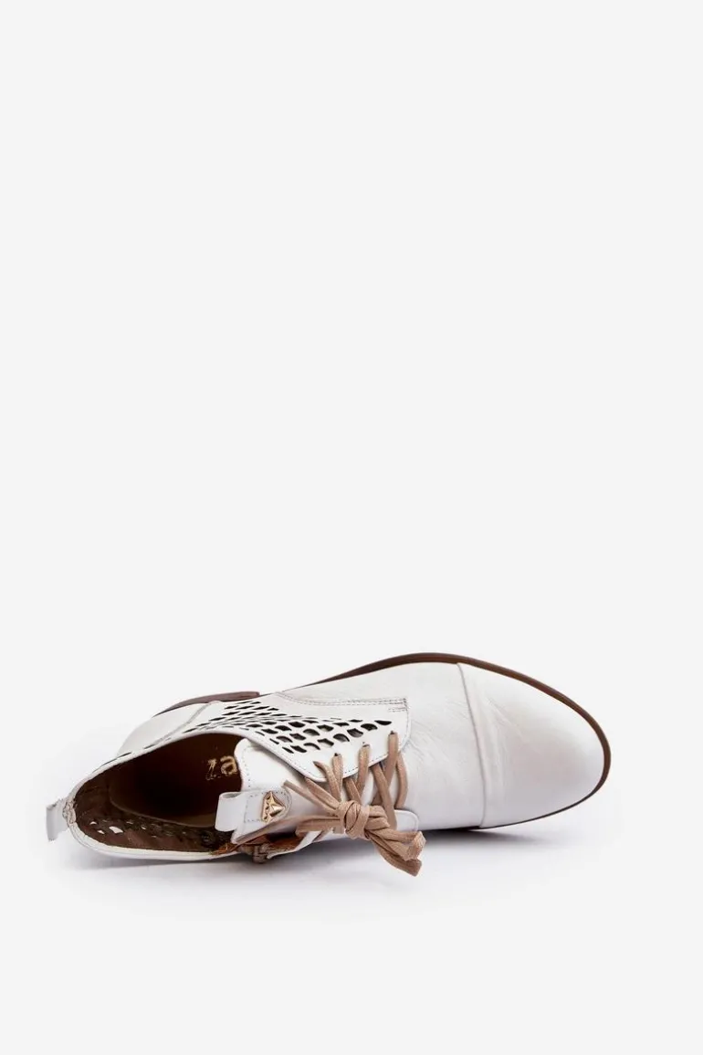 Zazoo 2878 Niskie Ażurowe Botki Skórzane Damskie Białe