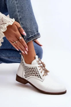 Zazoo 2878 Niskie Ażurowe Botki Skórzane Damskie Białe