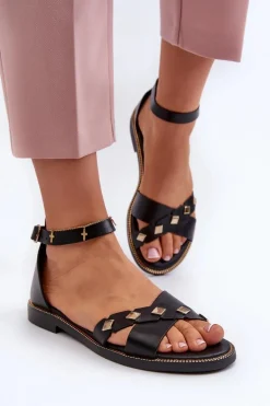 Zazoo 40378 Płaskie Skórzane Sandały Damskie Czarne