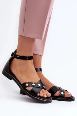 Zazoo 40378 Płaskie Skórzane Sandały Damskie Czarne
