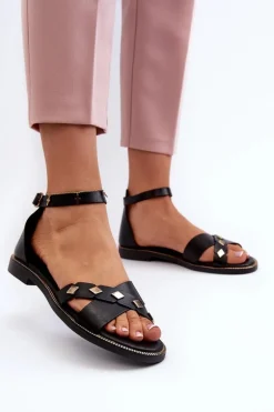 Zazoo 40378 Płaskie Skórzane Sandały Damskie Czarne