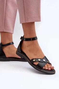 Zazoo 40378 Płaskie Skórzane Sandały Damskie Czarne