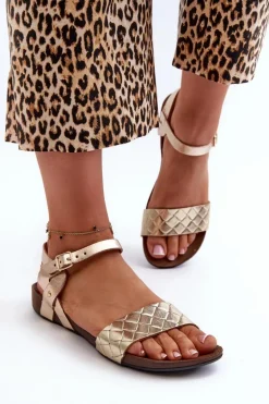 Zazoo 40027 Płaskie Skórzane Sandały Damskie Złote