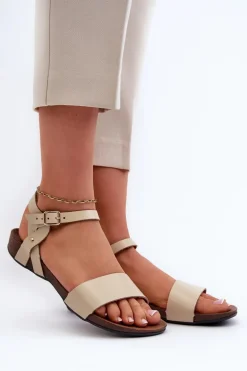 Zazoo 40027 Płaskie Skórzane Sandały Damskie Beżowe