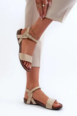 Zazoo 40027 Płaskie Skórzane Sandały Damskie Beżowe