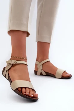 Zazoo 40027 Płaskie Skórzane Sandały Damskie Beżowe