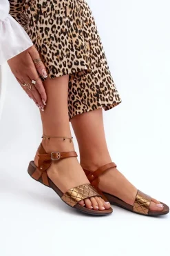 Zazoo 40027 Płaskie Skórzane Sandały Damskie Miedziane