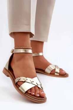 Zazoo 40378 Płaskie Skórzane Sandały Damskie Złote