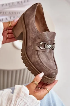 Zazoo 20175 Półbuty Damskie Na Słupku Skóra Naturalna Ciemnobeżowe