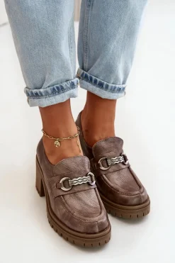 Zazoo 20175 Półbuty Damskie Na Słupku Skóra Naturalna Ciemnobeżowe