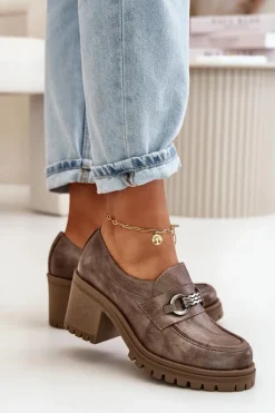 Zazoo 20175 Półbuty Damskie Na Słupku Skóra Naturalna Ciemnobeżowe