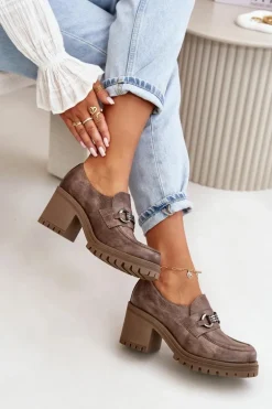 Zazoo 20175 Półbuty Damskie Na Słupku Skóra Naturalna Ciemnobeżowe