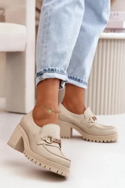 Zazoo 20175 Półbuty Damskie Na Słupku Skóra Naturalna Jasnobeżowe