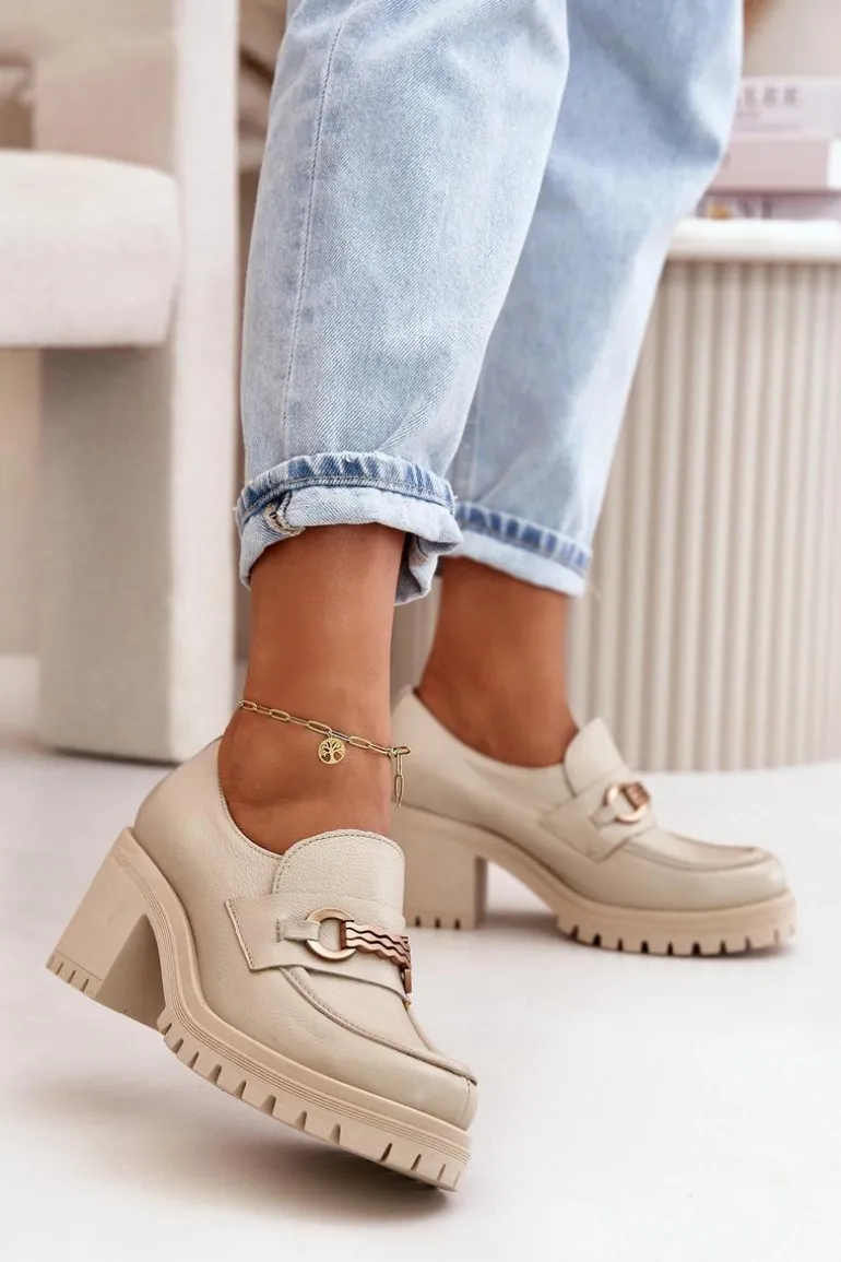 Zazoo 20175 Półbuty Damskie Na Słupku Skóra Naturalna Jasnobeżowe