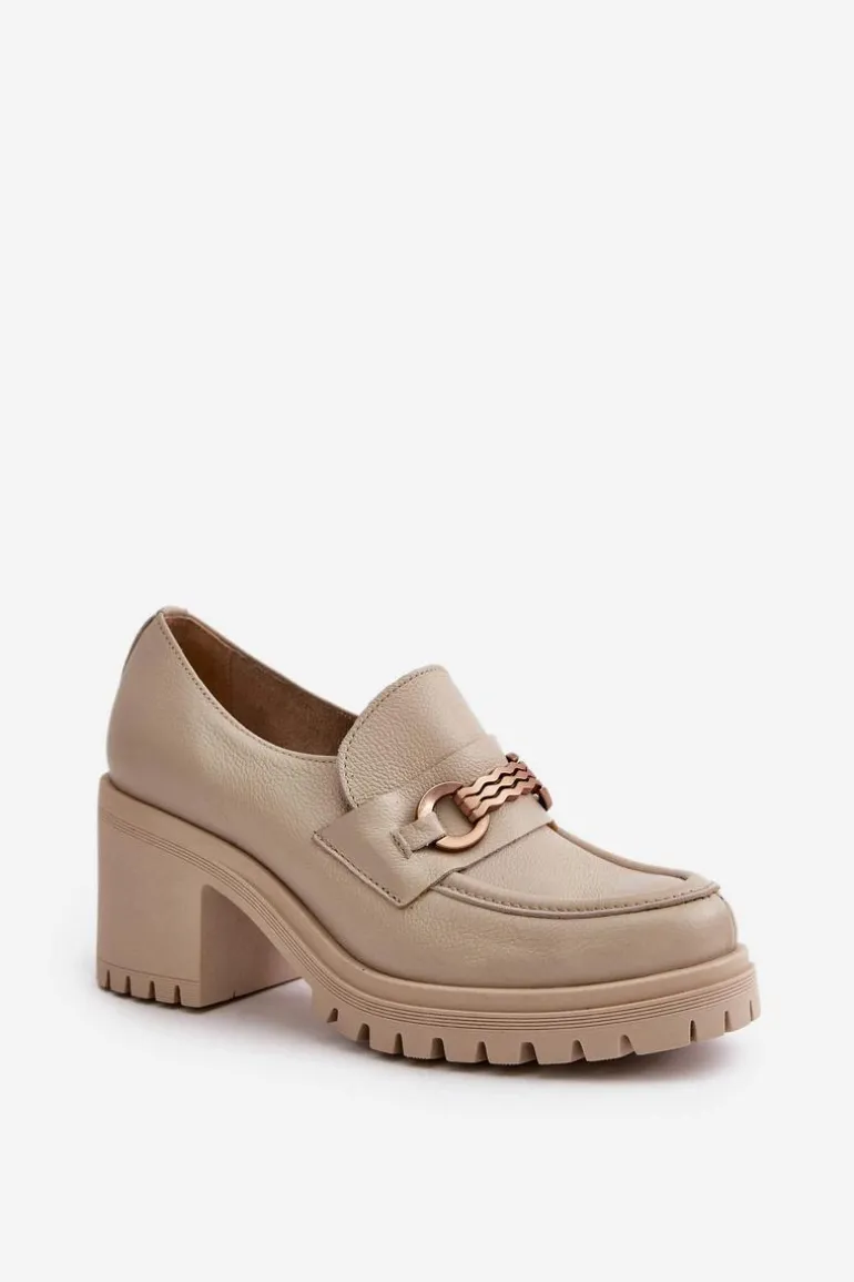 Zazoo 20175 Półbuty Damskie Na Słupku Skóra Naturalna Jasnobeżowe