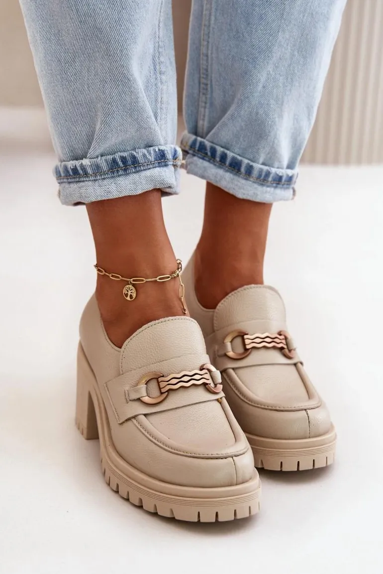 Zazoo 20175 Półbuty Damskie Na Słupku Skóra Naturalna Jasnobeżowe