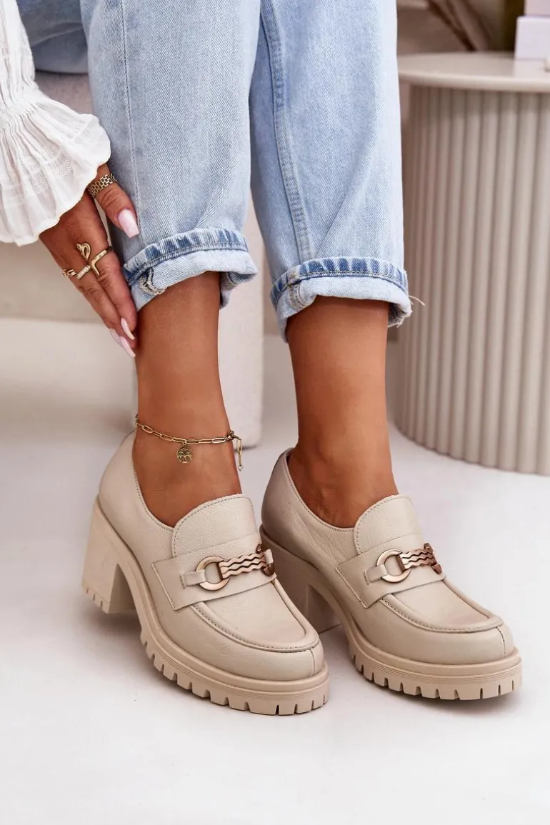 Zazoo 20175 Półbuty Damskie Na Słupku Skóra Naturalna Jasnobeżowe