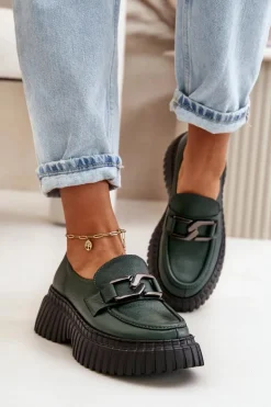 Zazoo 20176 Półbuty Mokasyny Damskie Ze Skóry Naturalnej Ciemnozielone