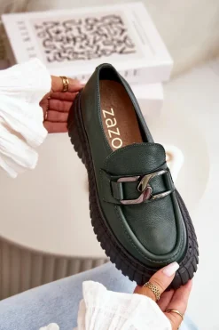 Zazoo 20176 Półbuty Mokasyny Damskie Ze Skóry Naturalnej Ciemnozielone
