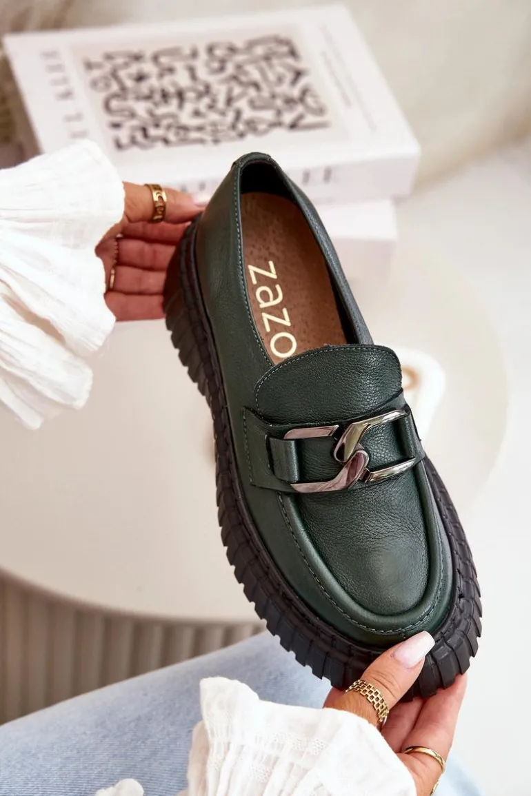 Zazoo 20176 Półbuty Mokasyny Damskie Ze Skóry Naturalnej Ciemnozielone