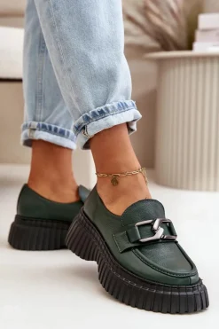 Zazoo 20176 Półbuty Mokasyny Damskie Ze Skóry Naturalnej Ciemnozielone