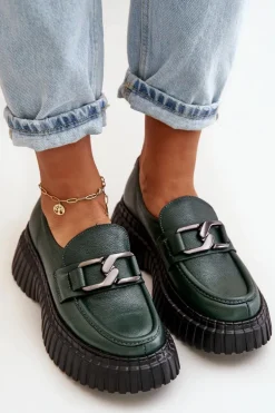 Zazoo 20176 Półbuty Mokasyny Damskie Ze Skóry Naturalnej Ciemnozielone
