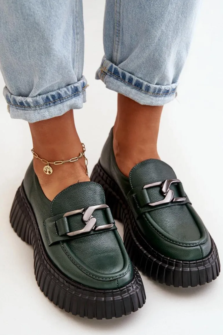 Zazoo 20176 Półbuty Mokasyny Damskie Ze Skóry Naturalnej Ciemnozielone