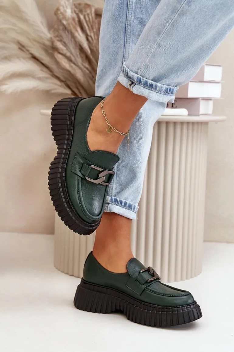 Zazoo 20176 Półbuty Mokasyny Damskie Ze Skóry Naturalnej Ciemnozielone