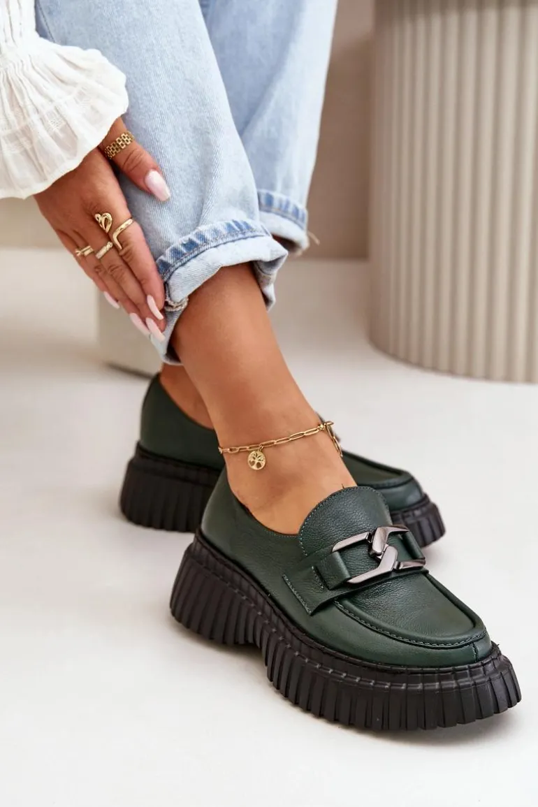 Zazoo 20176 Półbuty Mokasyny Damskie Ze Skóry Naturalnej Ciemnozielone