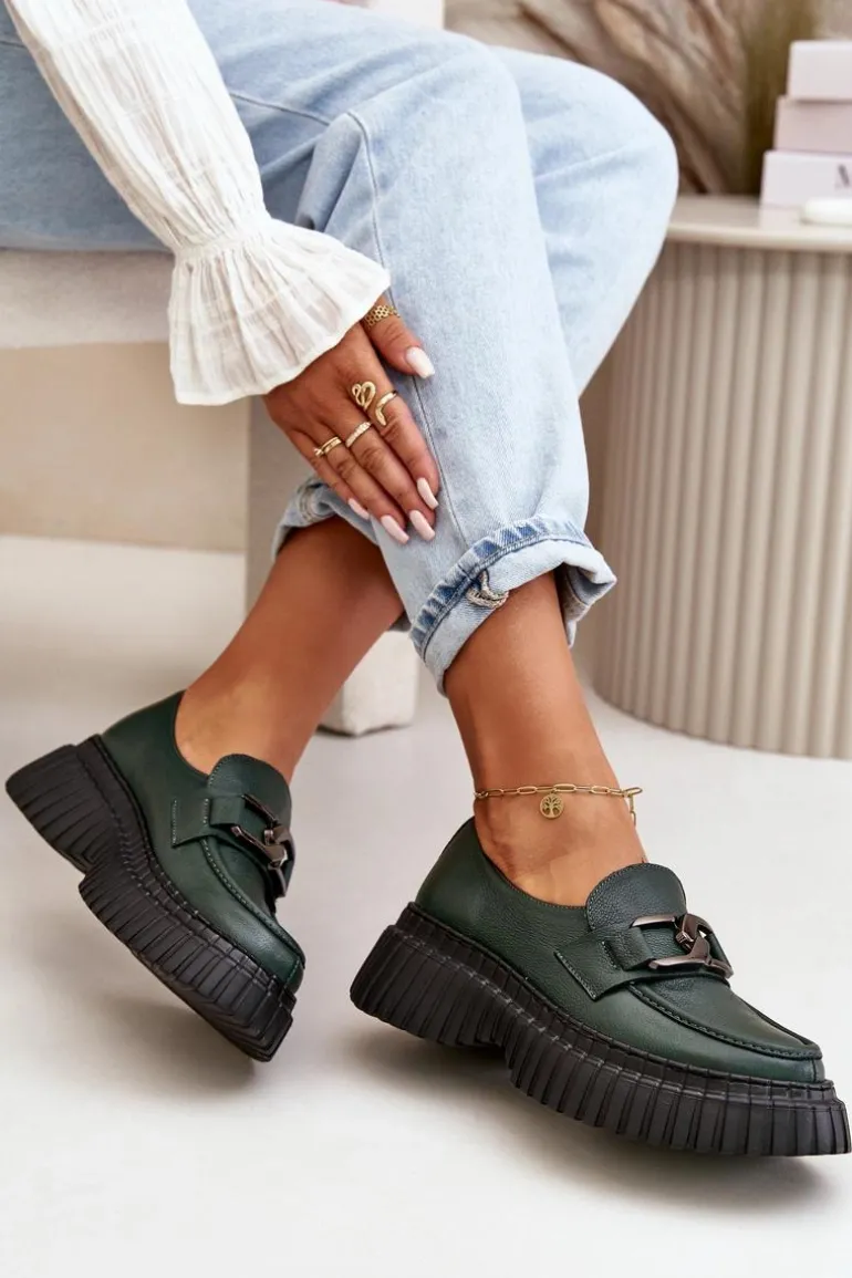 Zazoo 20176 Półbuty Mokasyny Damskie Ze Skóry Naturalnej Ciemnozielone