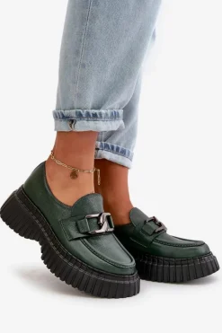 Zazoo 20176 Półbuty Mokasyny Damskie Ze Skóry Naturalnej Ciemnozielone
