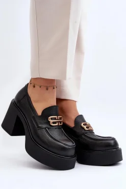 Zazoo 20170 Półbuty Skórzane Damskie Na Słupku Czarne