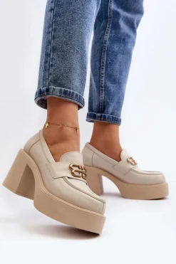 Zazoo 20170 Półbuty Skórzane Damskie Na Słupku Jasnobeżowe