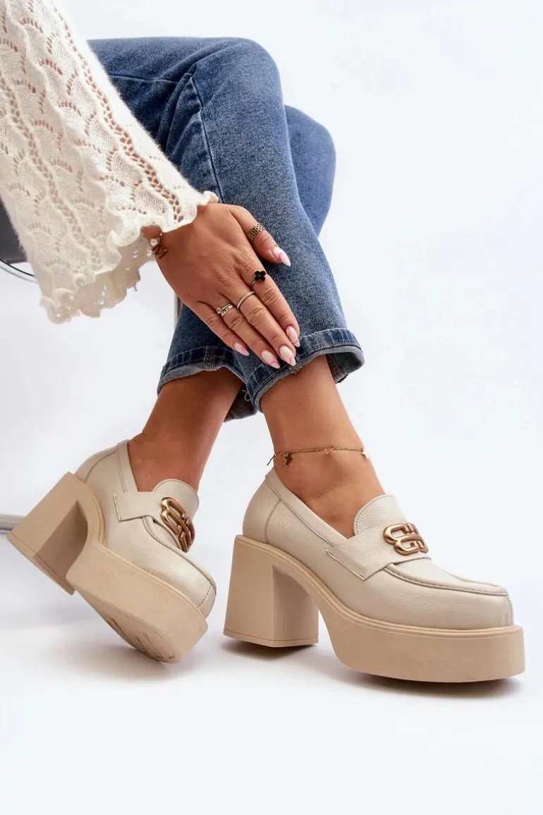 Zazoo 20170 Półbuty Skórzane Damskie Na Słupku Jasnobeżowe