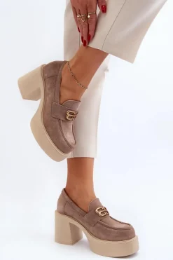 Zazoo 20170 Półbuty Zamszowe Damskie Na Słupku Beżowe