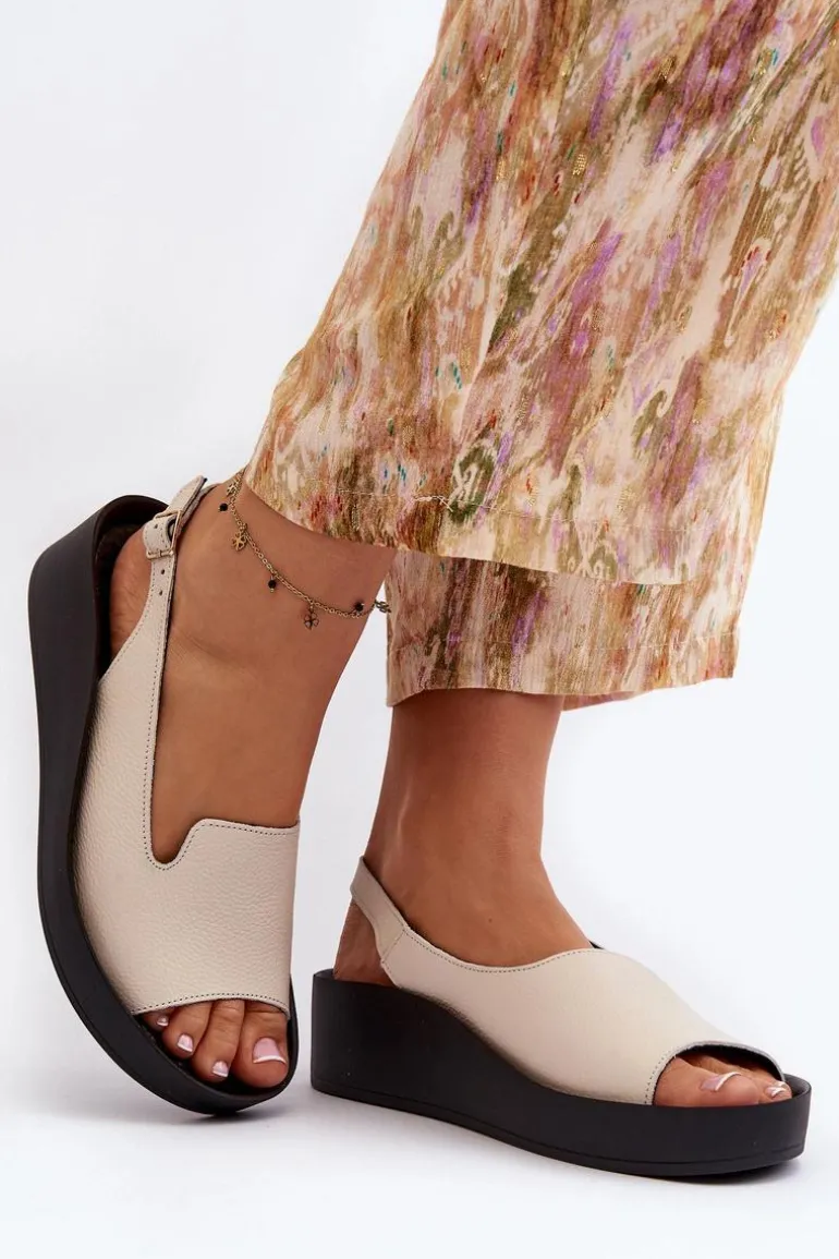 Zazoo 2893 Sandały Damskie Skórzane na Grubej Podeszwie Jasnobeżowe