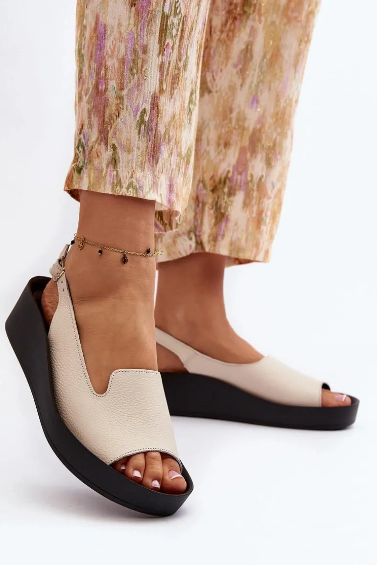 Zazoo 2893 Sandały Damskie Skórzane na Grubej Podeszwie Jasnobeżowe