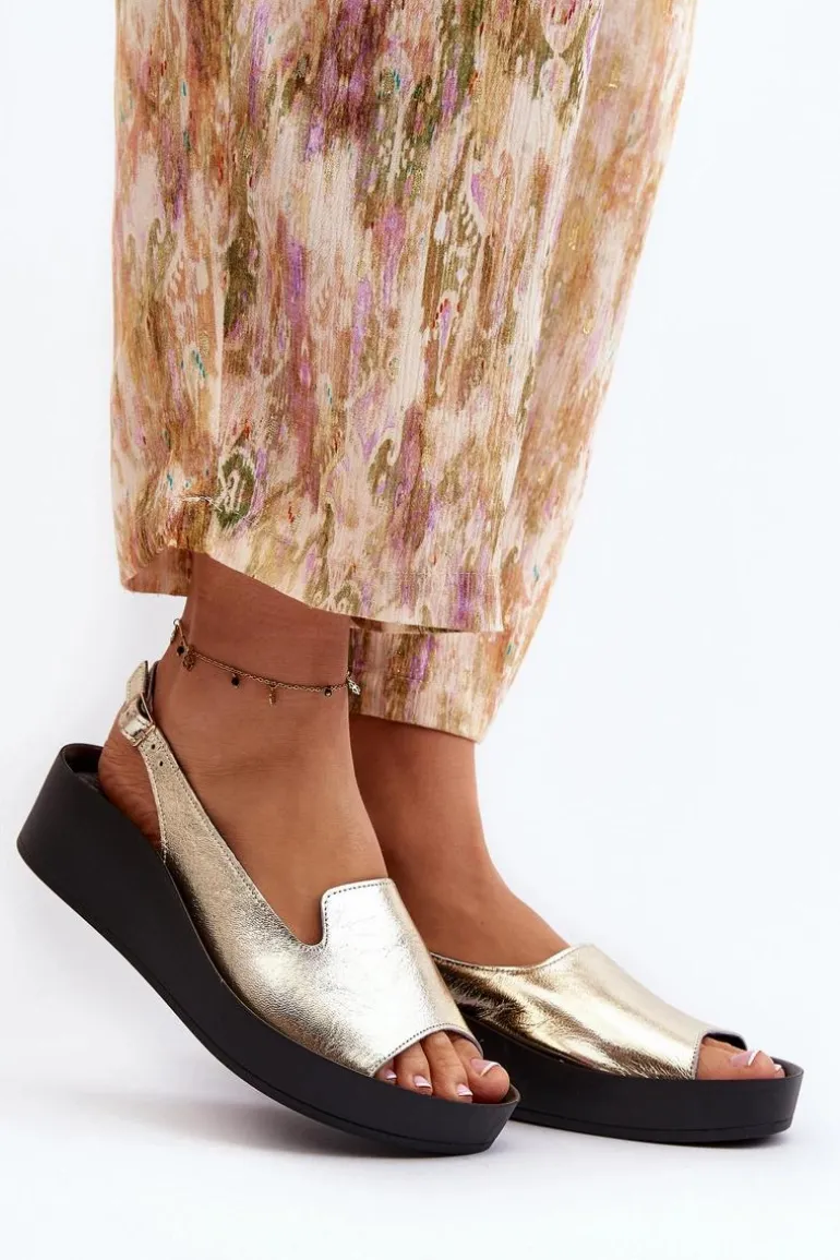 Zazoo 2893 Sandały Damskie Skórzane na Grubej Podeszwie Złote