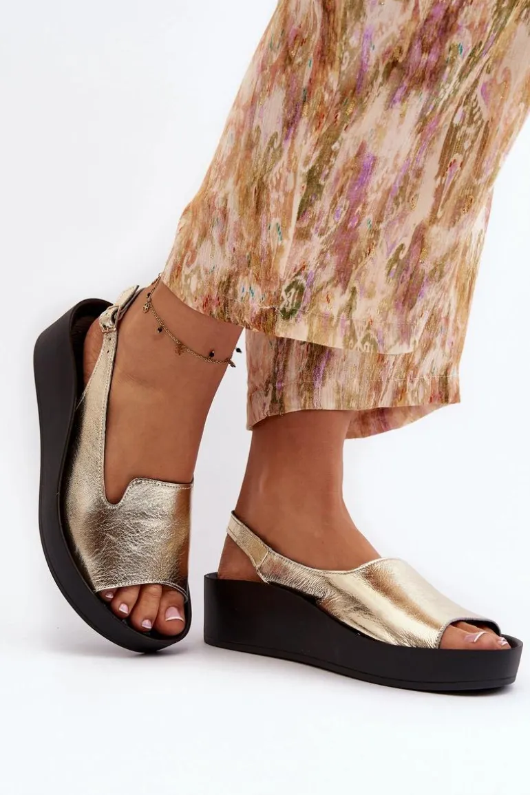 Zazoo 2893 Sandały Damskie Skórzane na Grubej Podeszwie Złote