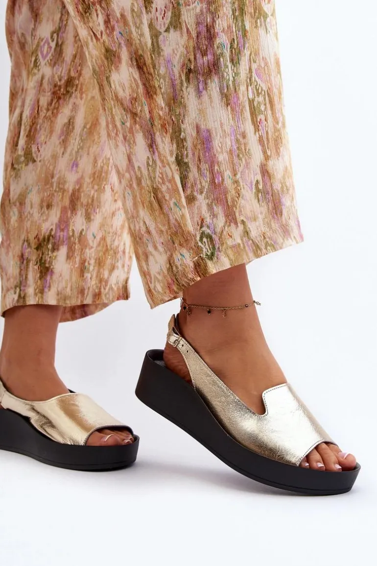 Zazoo 2893 Sandały Damskie Skórzane na Grubej Podeszwie Złote