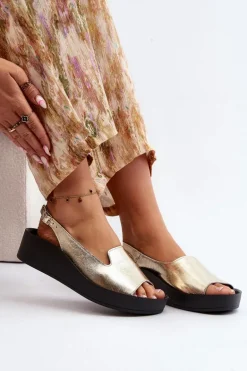 Zazoo 2893 Sandały Damskie Skórzane na Grubej Podeszwie Złote