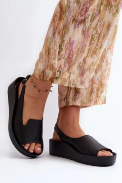 Zazoo 2893 Sandały Damskie Skórzane na Grubej Podeszwie Czarne