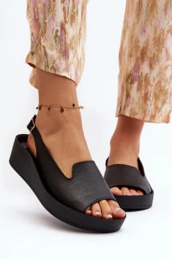 Zazoo 2893 Sandały Damskie Skórzane na Grubej Podeszwie Czarne