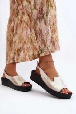 Zazoo 2893 Sandały Damskie Skórzane na Grubej Podeszwie Złoty Przecierany