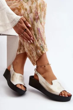 Zazoo 2893 Sandały Damskie Skórzane na Grubej Podeszwie Złoty Przecierany